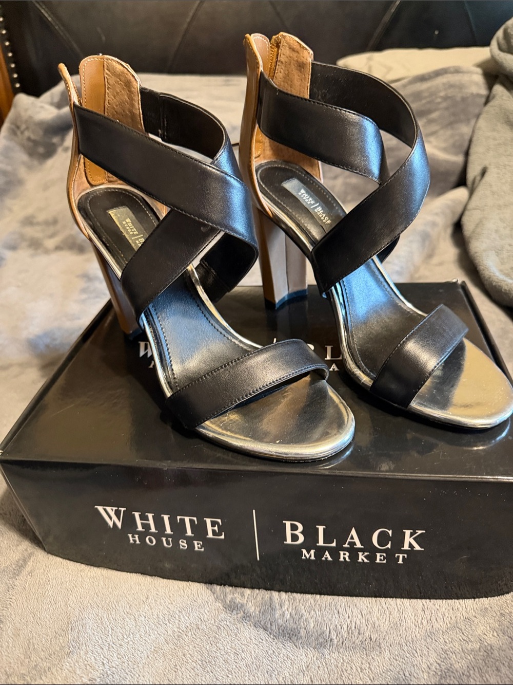 White House Black Market Black Leather Crisscross Block Heel Sandals